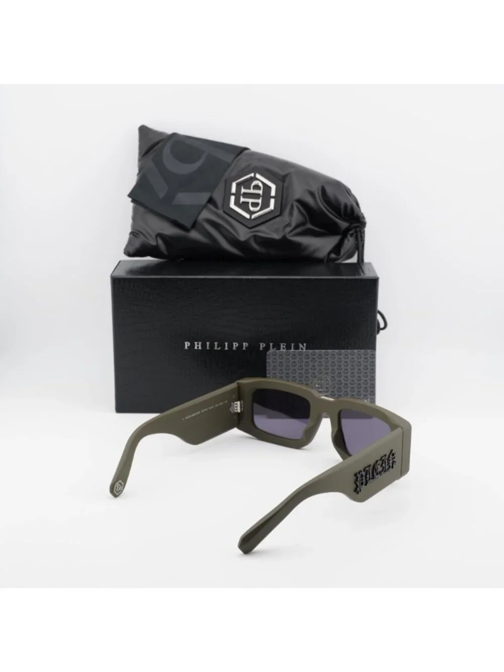 Philipp Plein SPP149 0C02 Unisex Sunglasses Green Rectangle Frame, Blue Lenses